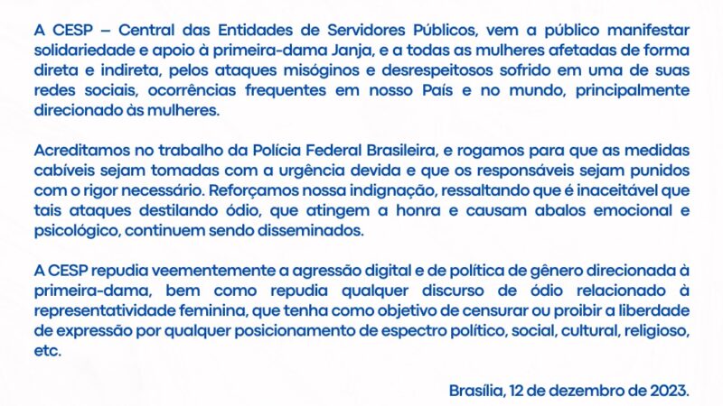 Nota Pública de Apoio à Primeira-Dama Janja Lula da Silva